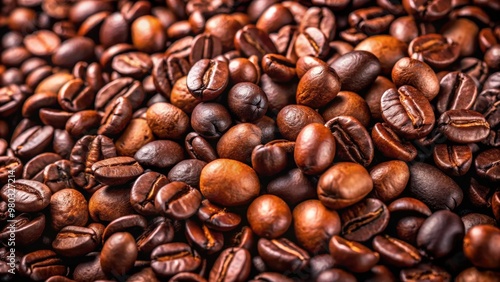 Closeup of a pile of coffee beans with varying shapes and sizes, all rich in chocolatey hue, coffee, beans, pile, closeup, organic