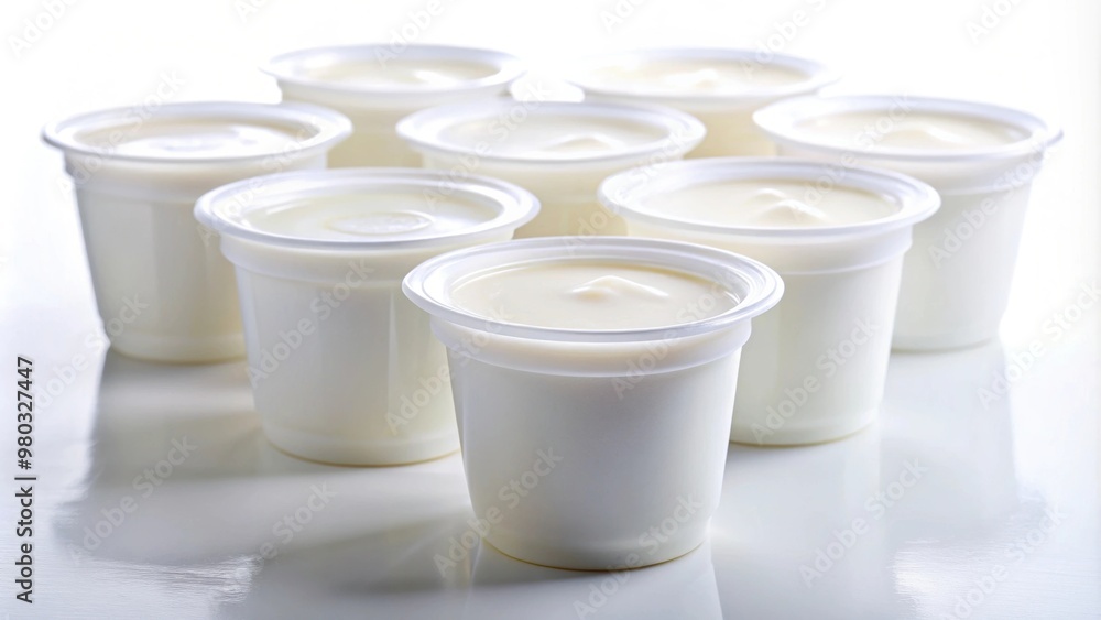 Empty plastic yogurt pots on white background , plastic, empty, containers, dairy, food, packaging, recyclable, white Empty plastic yogurt pots on white background , plastic, empty, containers, dairy, food, packaging, recyclable, white