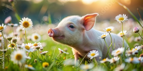 Adorable piglet sniffs and snuffles through a vibrant field of white daisies, capturing the essence of innocence and carefree curiosity in a peaceful rural setting. photo