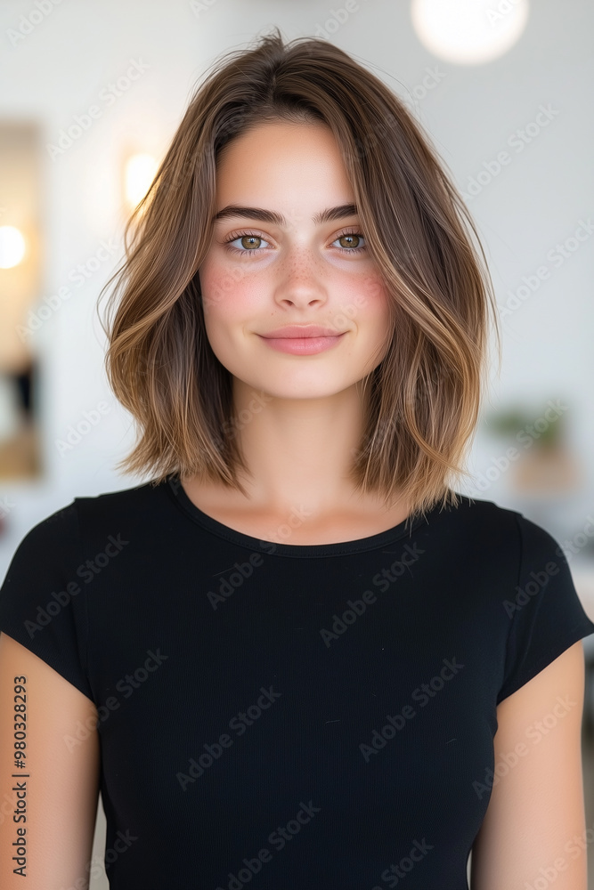 portrait of a woman wearing a black tshirt. The blurred background creates a soft, inviting atmosphere, highlighting her serene expression and smooth complexion. Ideal for beauty, fashion, and lifesty portrait of a woman wearing a black tshirt. The blurred background creates a soft, inviting atmosphere, highlighting her serene expression and smooth complexion. Ideal for beauty, fashion, and lifesty