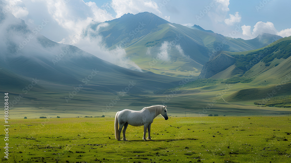 Fototapeta premium horses eating grass in a beautiful mountain area