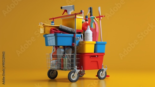 A 3D render of a janitor s cart filled with various cleaning tools photo