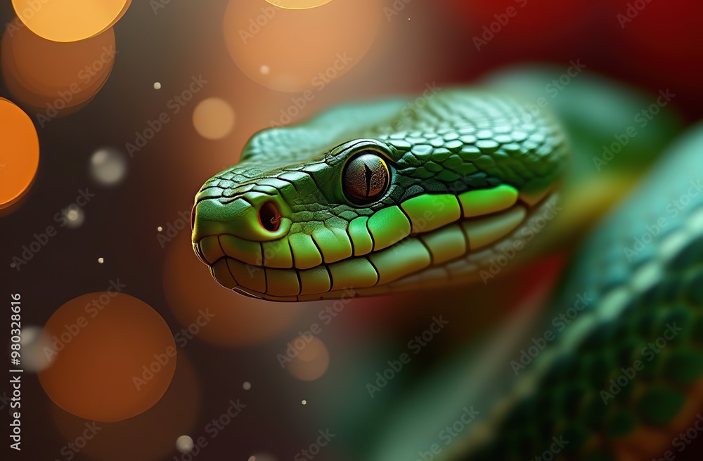 On a white clean background, a close-up lies a green snake curled up in the shape of a Christmas tree, on the head of the snake there is a red cap with white fur, the body of the snake is decorated On a white clean background, a close-up lies a green snake curled up in the shape of a Christmas tree, on the head of the snake there is a red cap with white fur, the body of the snake is decorated