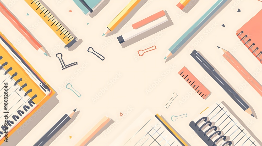 A clean flat design of school supplies, including pencils, notebooks, and rulers, arranged in a visually appealing layout on a light-colored background. 8k UHD, suitable for high-quality printing A clean flat design of school supplies, including pencils, notebooks, and rulers, arranged in a visually appealing layout on a light-colored background. 8k UHD, suitable for high-quality printing