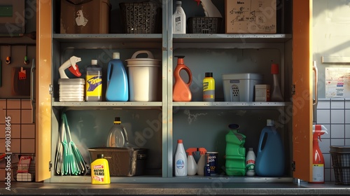 A 3D render of a janitor s locker with cleaning supplies