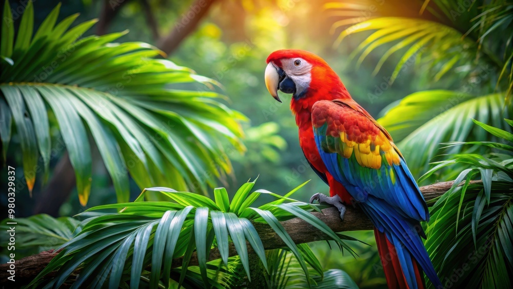Majestic macaw perched in lush tropical jungle canopy, macaw, tropical, jungle, bird, vivid, colorful, feathers, foliage Majestic macaw perched in lush tropical jungle canopy, macaw, tropical, jungle, bird, vivid, colorful, feathers, foliage