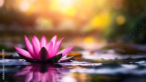 Lotus flower in full bloom, floating on calm water, soft pink petals illuminated by morning light, creating a serene and meditative atmosphere