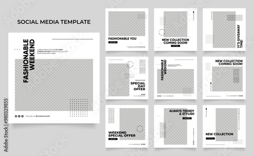 social media template banner blog fashion sale promotion. fully editable instagram and facebook square post frame puzzle organic sale poster. black white element shape vector background