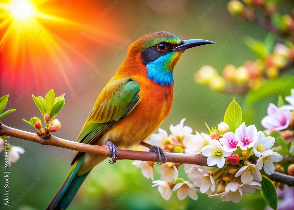 Vibrant plumage of exotic bird perches on delicate flower branch, showcasing radiant orange, green, and blue feathers amidst lush blooming flowers in warm sunlight. Vibrant plumage of exotic bird perches on delicate flower branch, showcasing radiant orange, green, and blue feathers amidst lush blooming flowers in warm sunlight.