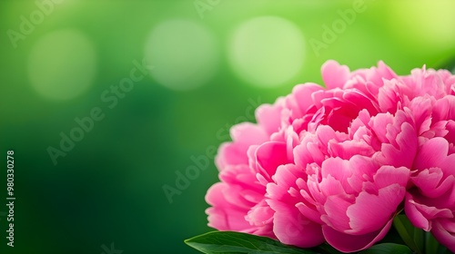 Exquisite close-up of a pink peony, petals layered in perfect detail, with a green background softly out of focus, conveying natural beauty and femininity