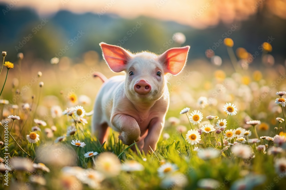 Adorable little piglet with curly tail and sweet expression frolics in a vibrant daisy field on a sunny day with soft focus background. Adorable little piglet with curly tail and sweet expression frolics in a vibrant daisy field on a sunny day with soft focus background.