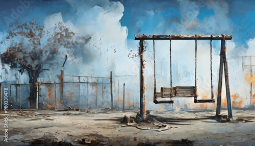 An eerie, abandoned playground with a rusty swing evokes a sense of loneliness and decay. The muted tones and dilapidated surroundings highlight the desolate atmosphere, suggesting a forgotten and