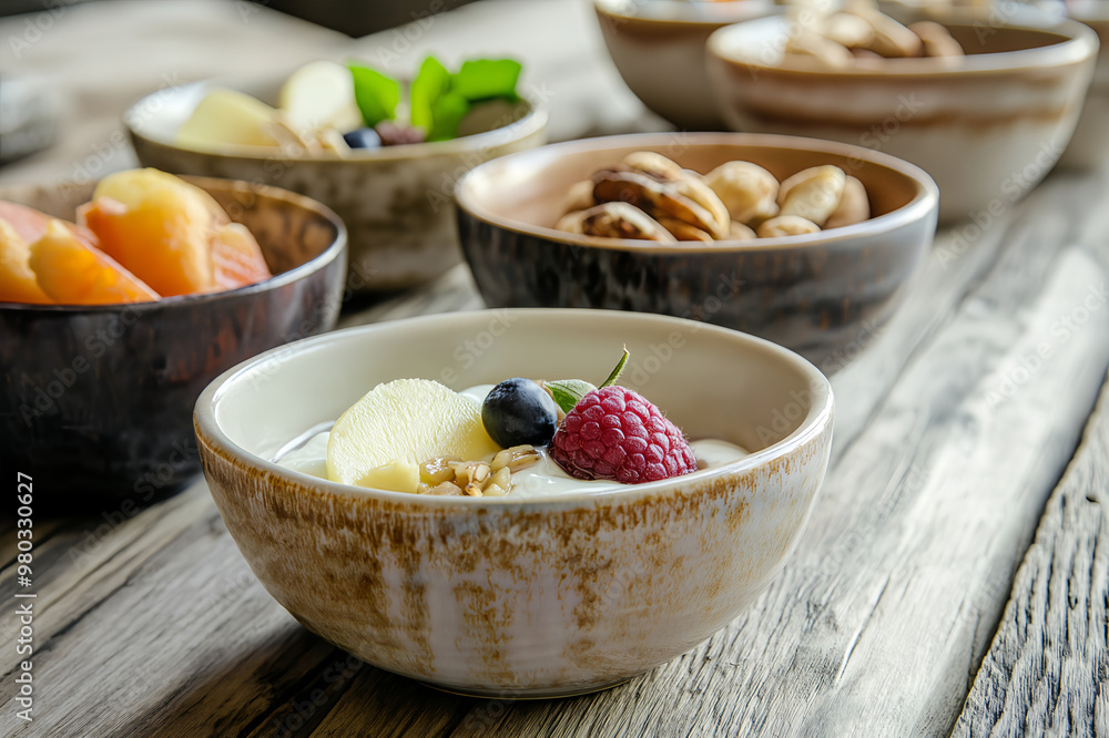 ceramic bowls filled with fresh fruits and various nuts are arranged for a wholesome breakfast ceramic bowls filled with fresh fruits and various nuts are arranged for a wholesome breakfast