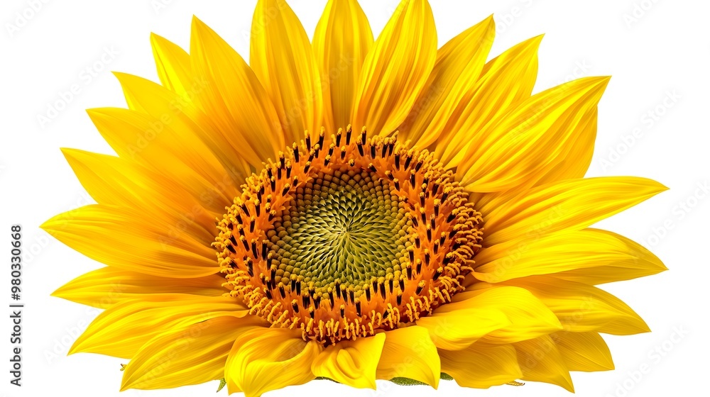 Naklejka premium Isolated sunflower with vibrant yellow petals fanned out in perfect symmetry, standing out against a pristine white background, ideal for clean, modern compositions