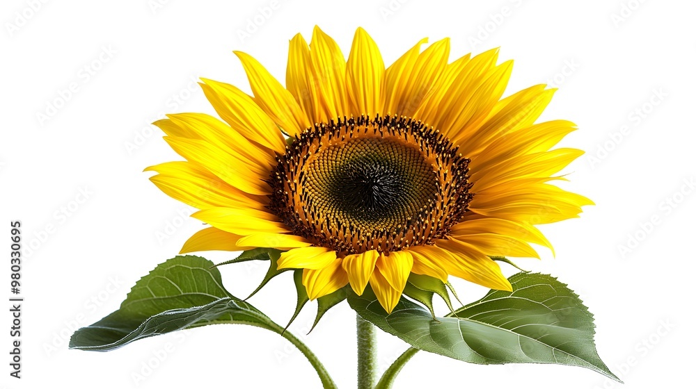 Obraz premium Isolated sunflower with vibrant yellow petals fanned out in perfect symmetry, standing out against a pristine white background, ideal for clean, modern compositions