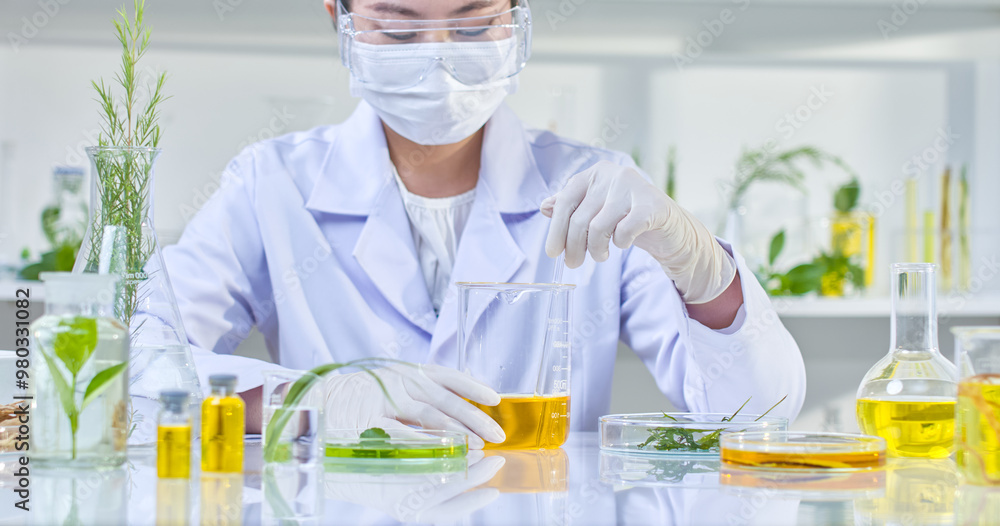 Experimentation with natural components in a laboratory setting feature a scientist in a white lab coat is using a pipette to add a few drops of liquid to a beaker containing a yellow liquid. Experimentation with natural components in a laboratory setting feature a scientist in a white lab coat is using a pipette to add a few drops of liquid to a beaker containing a yellow liquid.