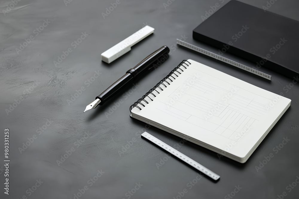 a modern notebook and stylus are placed on a clean grey surface, emphasizing a minimalist design a modern notebook and stylus are placed on a clean grey surface, emphasizing a minimalist design