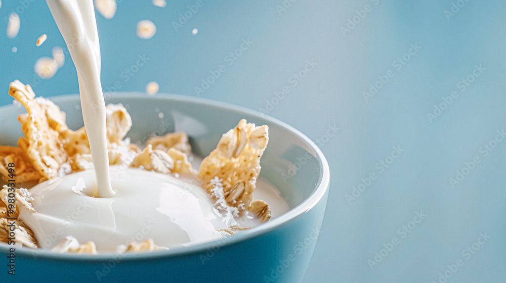 Pouring fresh milk into bowl of cereal on blue background on a sunny morning for breakfast Pouring fresh milk into bowl of cereal on blue background on a sunny morning for breakfast