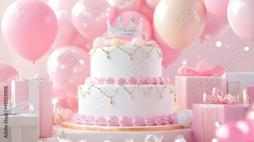 3D render of a luxurious birthday cake adorned in white, pink, and gold, with an elegant silver crown on top. Surrounded by thoughtfully arranged gifts and vibrant balloons, 