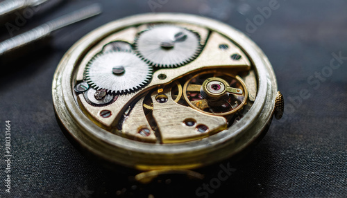 Intricate dismantled mechanical watch with detailed gears and springs on dark background, symbolizing precision and complexity in teardown analysis.