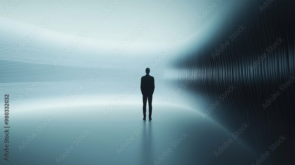 A figure stands in quiet space, surrounded by abstract sound waves, creating serene and contemplative atmosphere. minimalist design enhances feeling of solitude and introspection A figure stands in quiet space, surrounded by abstract sound waves, creating serene and contemplative atmosphere. minimalist design enhances feeling of solitude and introspection