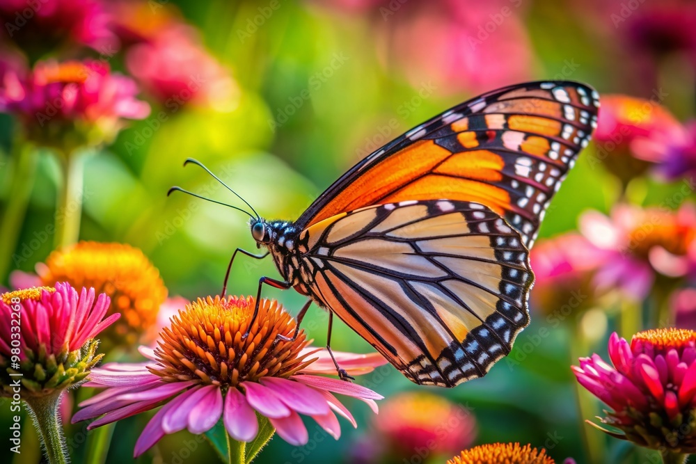 Vibrant orange and black monarch butterfly sips nectar from a bright pink flower, showcasing intricate wings and delicate legs in a lush summer garden setting. Vibrant orange and black monarch butterfly sips nectar from a bright pink flower, showcasing intricate wings and delicate legs in a lush summer garden setting.