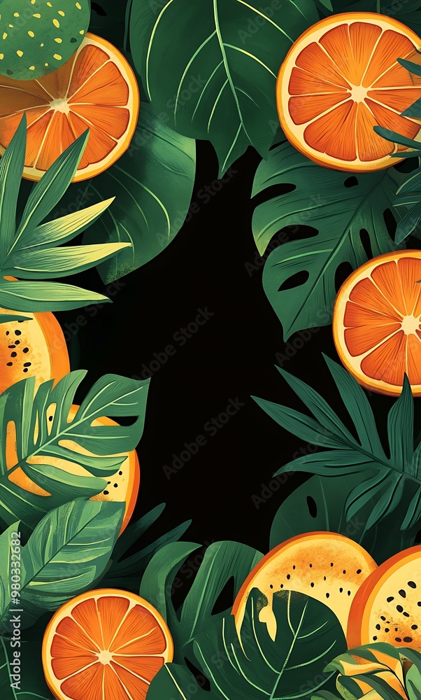 A vertical frame of lush tropical foliage and juicy orange slices, set against a black background, creates a vibrant and inviting visual. A vertical frame of lush tropical foliage and juicy orange slices, set against a black background, creates a vibrant and inviting visual.