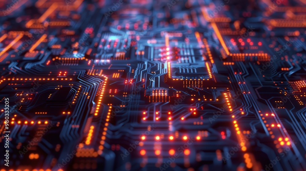 Dynamic glowing lines on a digital circuit board. Modern technology innovation Dynamic glowing lines on a digital circuit board. Modern technology innovation