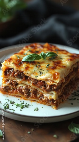 gourmet lasagna closeup with layers of pasta meat and cheese visible garnished with a fresh basil leaf on a white plate