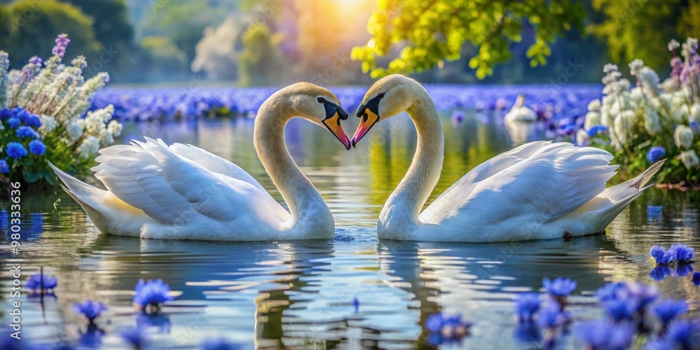 Obraz premium Two majestic swans tenderly touch beaks amidst a tranquil lake surrounded by vibrant blue flowers, creating a peaceful and romantic atmosphere in nature's serenity.