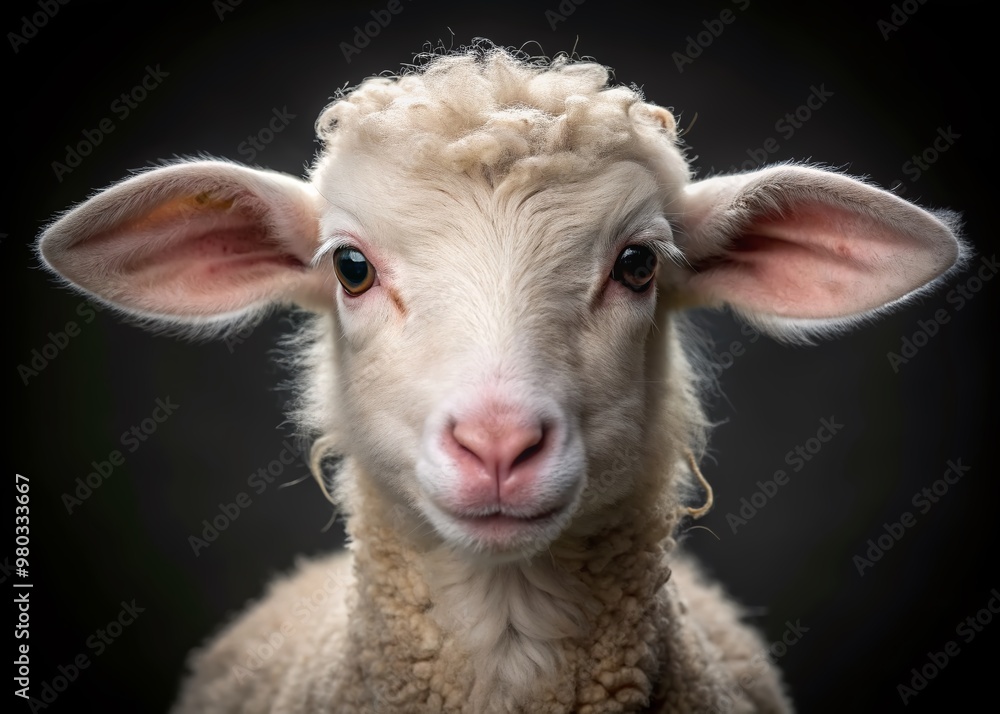 Adorable innocent white lamb with soft curly fur and big brown eyes posing on a dark black background with a serene gentle expression. Adorable innocent white lamb with soft curly fur and big brown eyes posing on a dark black background with a serene gentle expression.