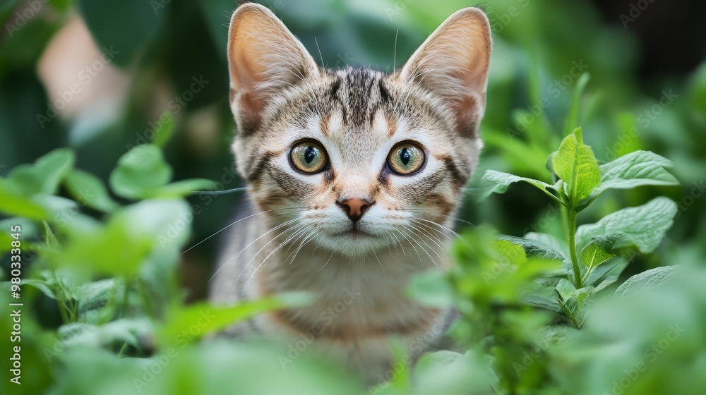 Curious Kitten Exploring Lush Green Garden Curious Kitten Exploring Lush Green Garden