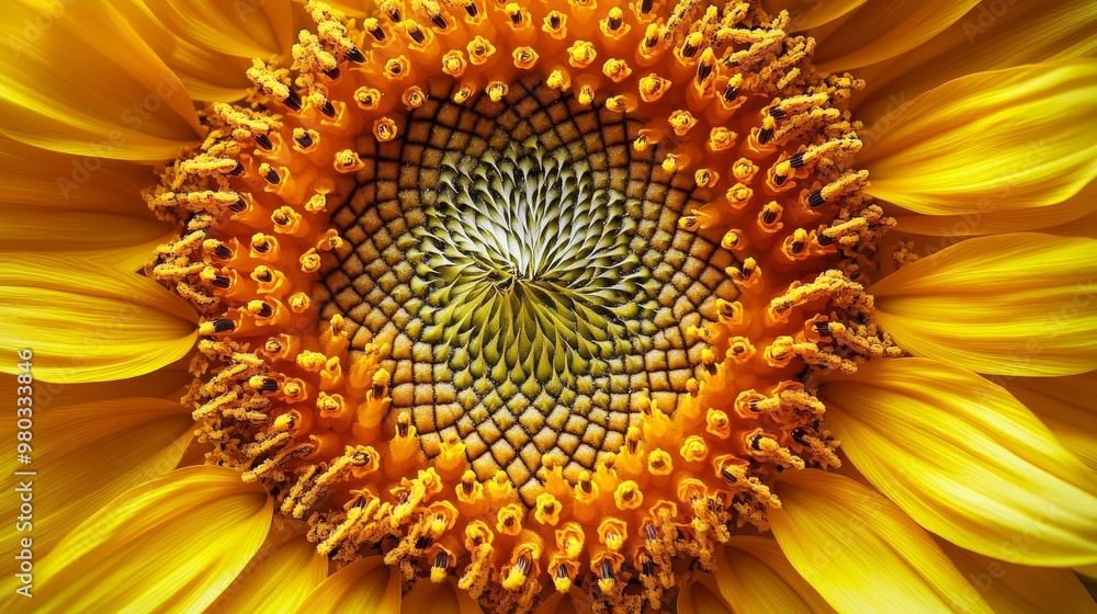 Close-up of sunflower's center showing intricate details of seeds and petals, on solid white background, single object