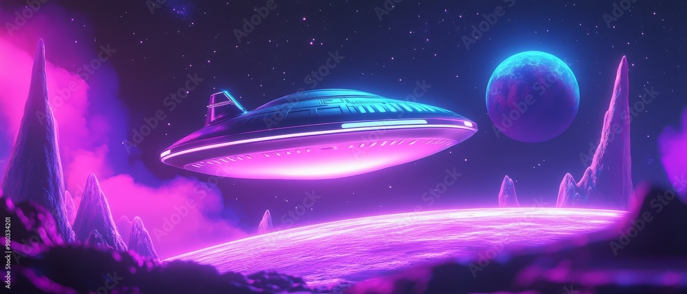 Retro Futuristic UFO Flying Over Alien Planet. Retro Futuristic UFO Flying Over Alien Planet.