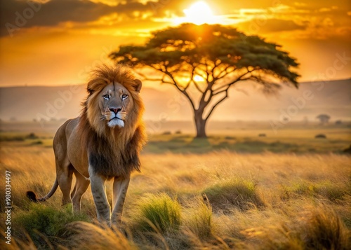 Majestic lion stands alone in a serene savannah at sunset, its golden fur glowing in warm light, amidst acacia trees and endless grasslands.