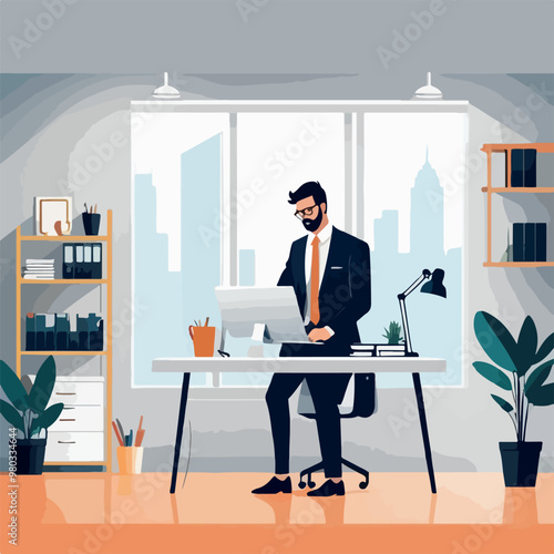 Free flat business man work in office color illustration design
