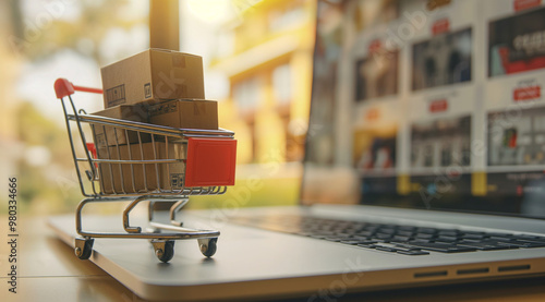 shopping cart with cards, shopping cart in the supermarket, A shopping cart with boxes on top of an open laptop computer, depicting an online retail concept, cart, shopping, buy, trolley