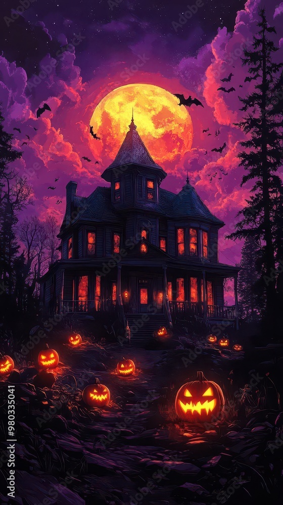 haunted halloween illustration spooky victorian house with jackolanterns purple twilight sky vintage graphic style haunted halloween illustration spooky victorian house with jackolanterns purple twilight sky vintage graphic style