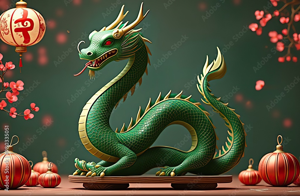 Fototapeta premium Celebration Chinese new year with symbol of the year 2025 - green wooden snake