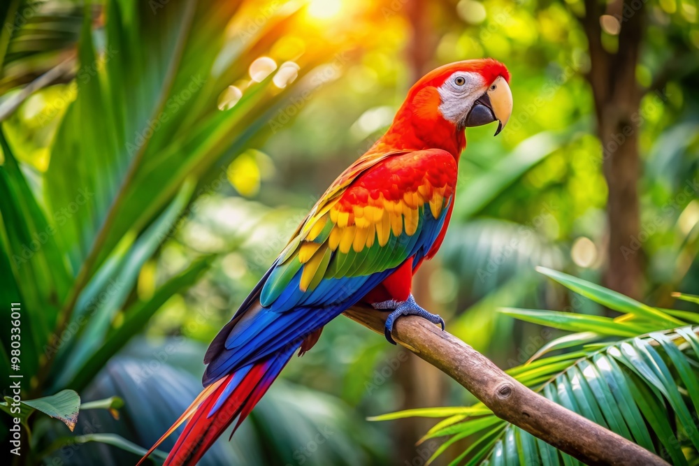 Vibrant parrot perched on tropical branch, colorful feathers, bright daylight, closeup, side angle, vivid jungle background Vibrant parrot perched on tropical branch, colorful feathers, bright daylight, closeup, side angle, vivid jungle background