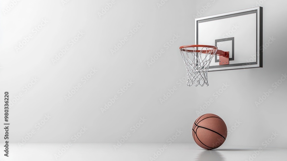 A basketball next to a hoop in a minimalist indoor setting. A basketball next to a hoop in a minimalist indoor setting.