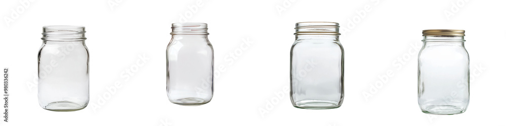 A collection of clear glass jars in various shapes and sizes, perfect for storing food, crafts, or decorative items. transparent background A collection of clear glass jars in various shapes and sizes, perfect for storing food, crafts, or decorative items. transparent background