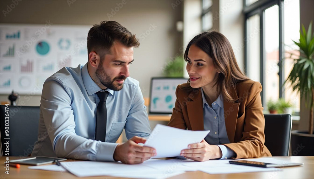 Two busy business professional’s colleague discussing, explaining project details, plan, strategy sitting at office desk. Two busy business professional’s colleague discussing, explaining project details, plan, strategy sitting at office desk.