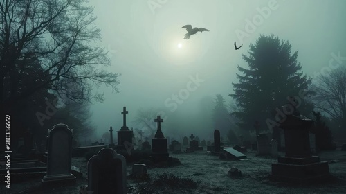 Spooky foggy graveyard with ravens flying overhead, perfect for Halloween or gothic themed projects.