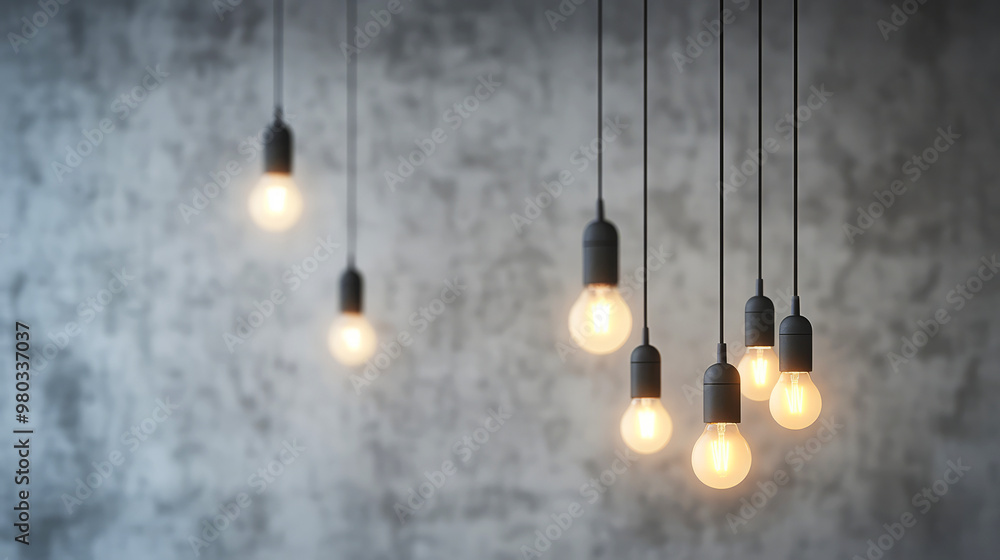 Modern Light Bulbs Hanging From The Ceiling Against A Grey Concrete Background. Modern Light Bulbs Hanging From The Ceiling Against A Grey Concrete Background.