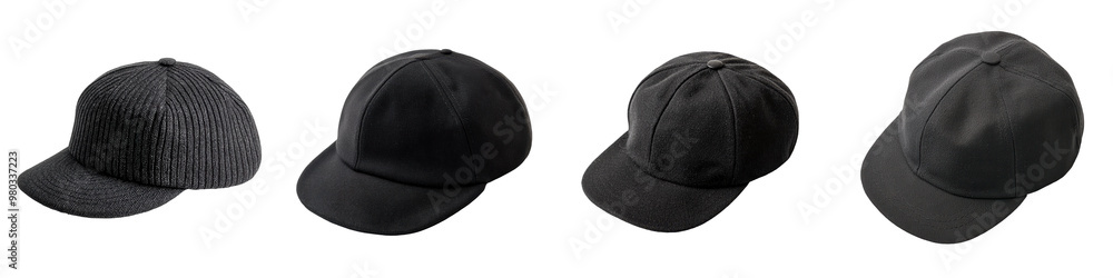 A collection of stylish black caps arranged neatly, offering a modern and versatile accessory for casual wear or sports. transparent background A collection of stylish black caps arranged neatly, offering a modern and versatile accessory for casual wear or sports. transparent background