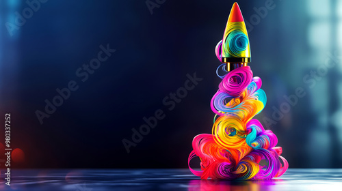 Abstract colorful rocket launch concept. a colorful rocket takes off on a dark background.