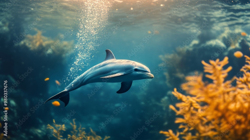 Fototapeta premium Joyful Dolphin Swimming in Vibrant Underwater Seascape