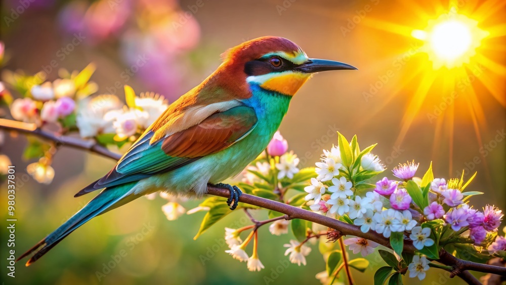 Obraz premium Vibrant bird with iridescent feathers perches on a delicate flower-adorned branch, surrounded by lush greenery, radiating warmth and serenity in a sun-kissed atmosphere.