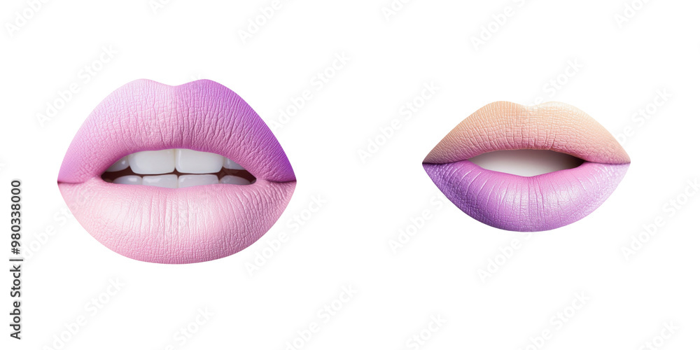 Obraz premium A stylish close-up of two sets of lips showcasing beautiful gradient colors and smooth textures, perfect for beauty and fashion themes. transparent background